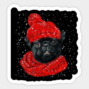 Black Pug Wearing Red Hat And Scarf In Snow Christmas Sticker